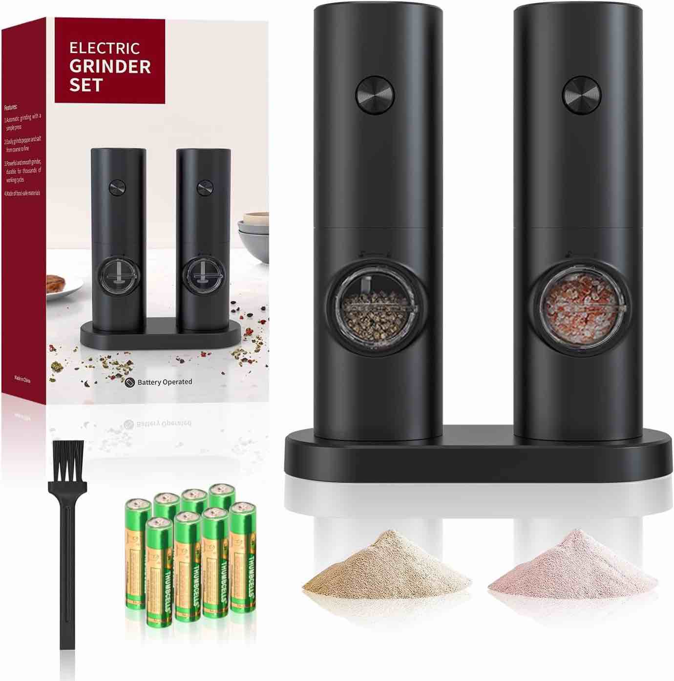 Electric Salt and Pepper Grinder Set, Automatic Adjustable Ceramic Sea Salt Grinder & Pepper mill, Adjustable Coarseness, Battery Powered with LED Light?One-Hand Operation for Kitchen BBQ(2 Pack)