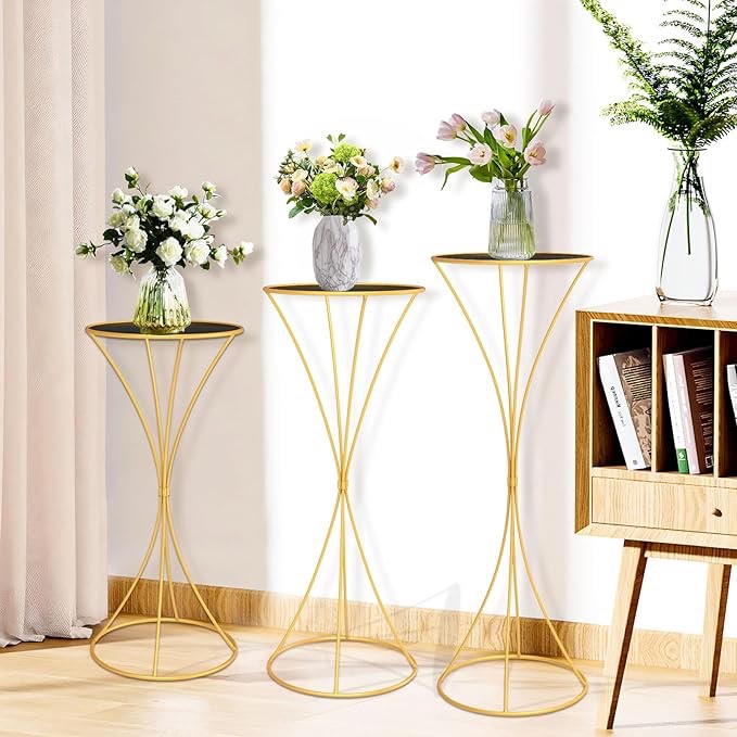 chamvis Gold Metal Plant Stand, 3 Pcs Tall Cylinder Pedestal Stands for Parties and Weddings, Gold Round Cylinder Tables for Living Room and Patio Decor