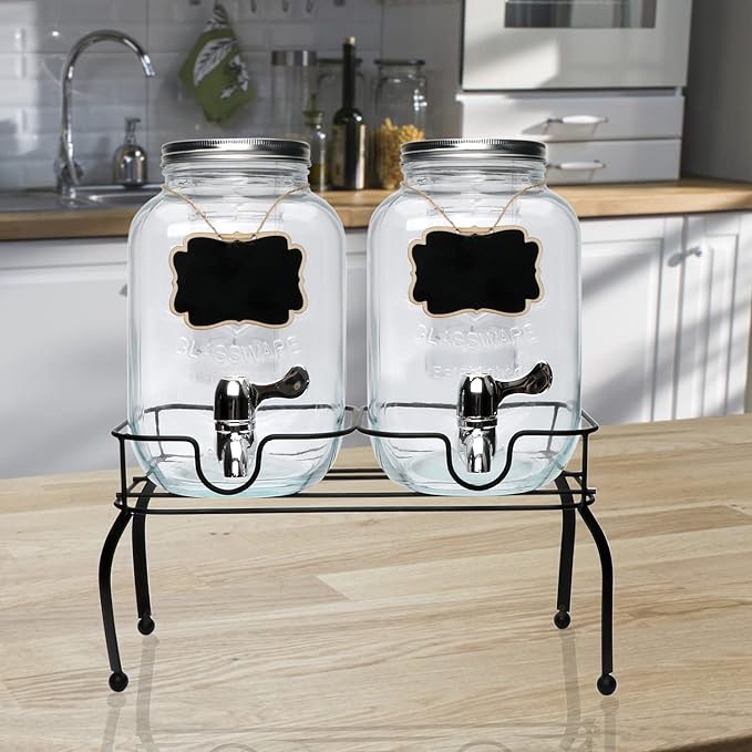 1-Gallon Drink Dispenser,Accguan Glass Water Dispenser with Black Tin Lid and Black Stainless steel faucet,Black Iron Frame,Mason Drink Dispenser for Parties, Picnics, Barbecues and Daily,2 pack