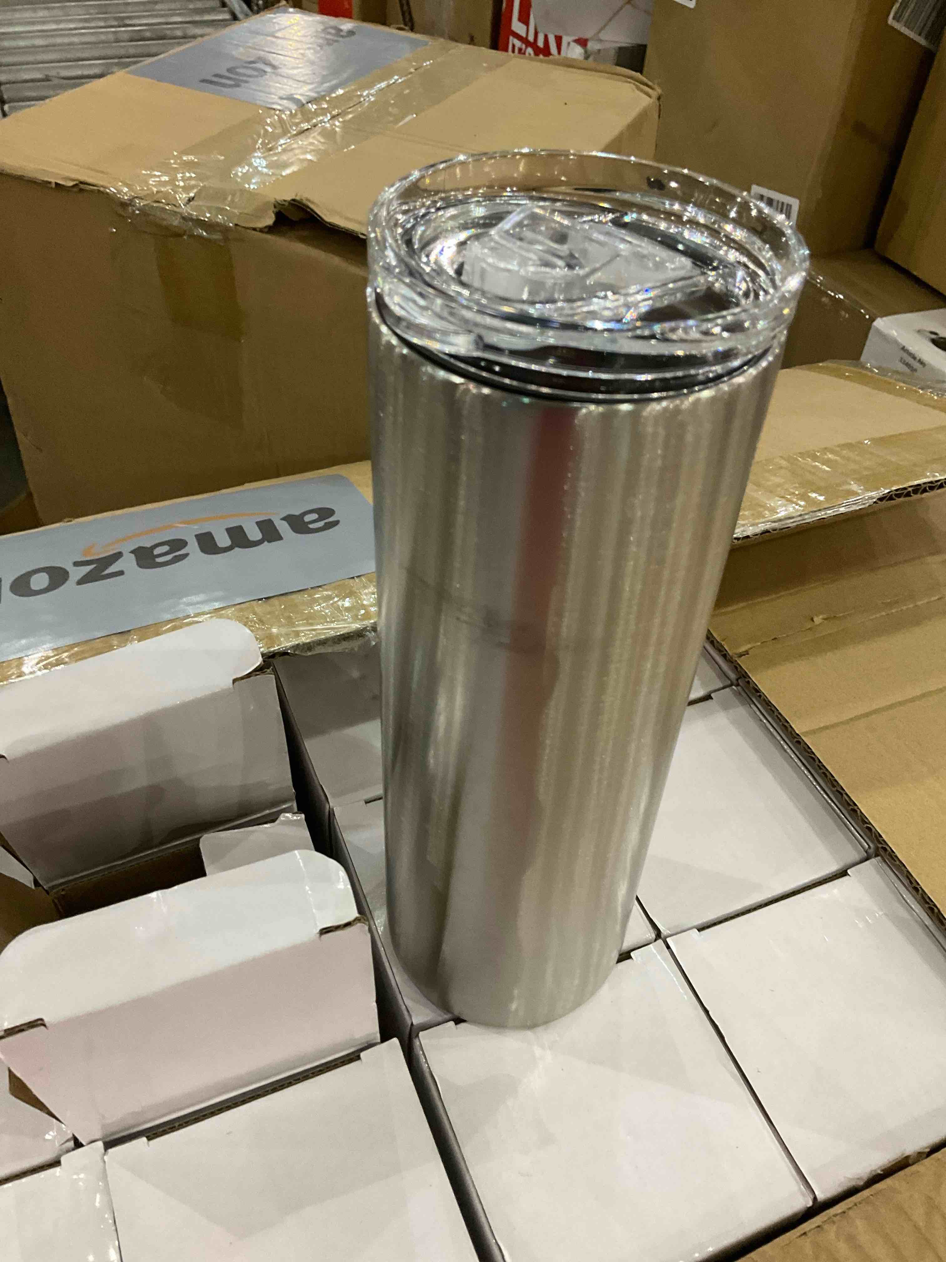 Wzaytia 24 Pack 20 Oz Straight Skinny Tumblers,Individually Gift Boxed Stainless Steel Slim Skinny Tumbler Set Bulk, 20 Oz Insulated Slim Thin Travel Tumbler Cup for Diy, Silver