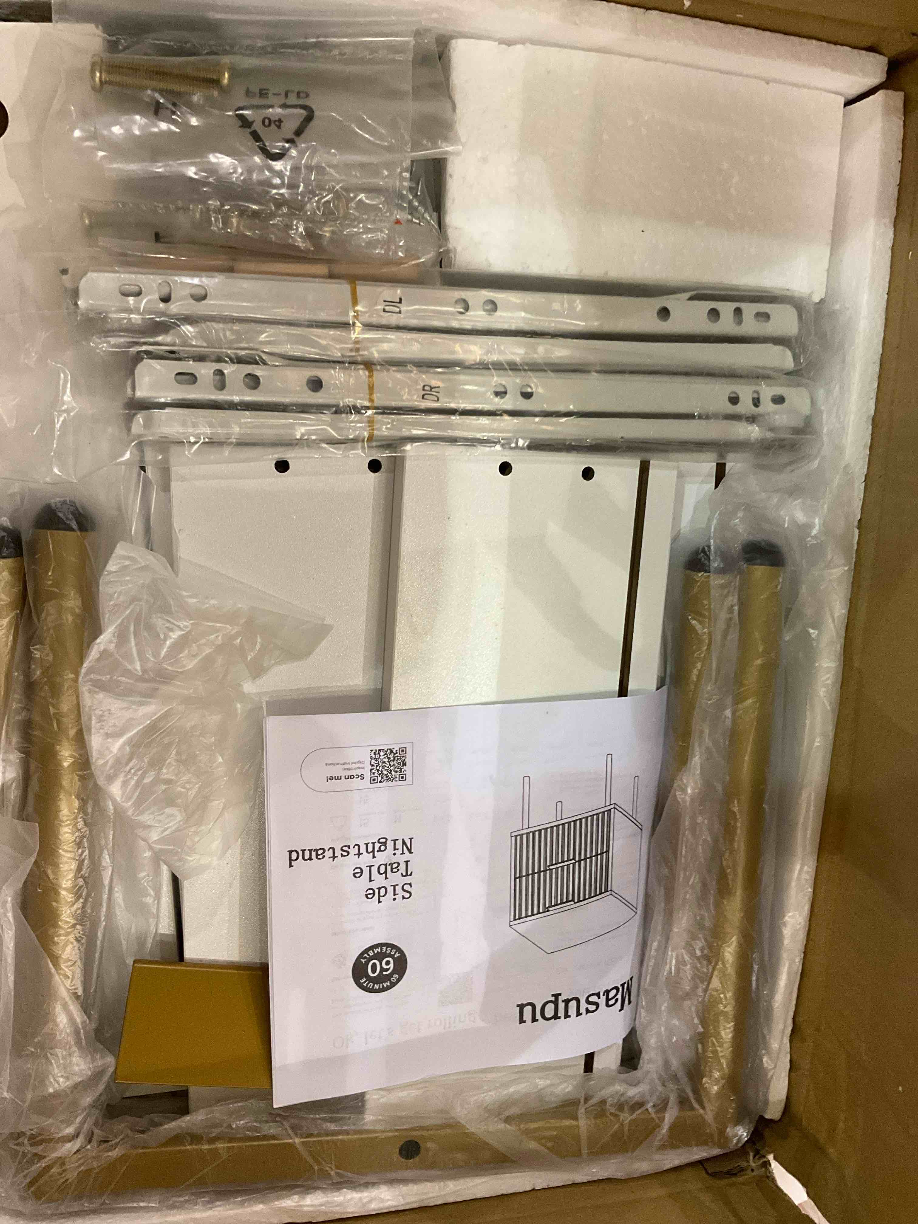 Masupu Nightstand,Mid-Century Modern Bedside Table with Storage Drawer and Open Wood Shelf,Small Gold Frame Side Table for Bedroom,Living Room (White)