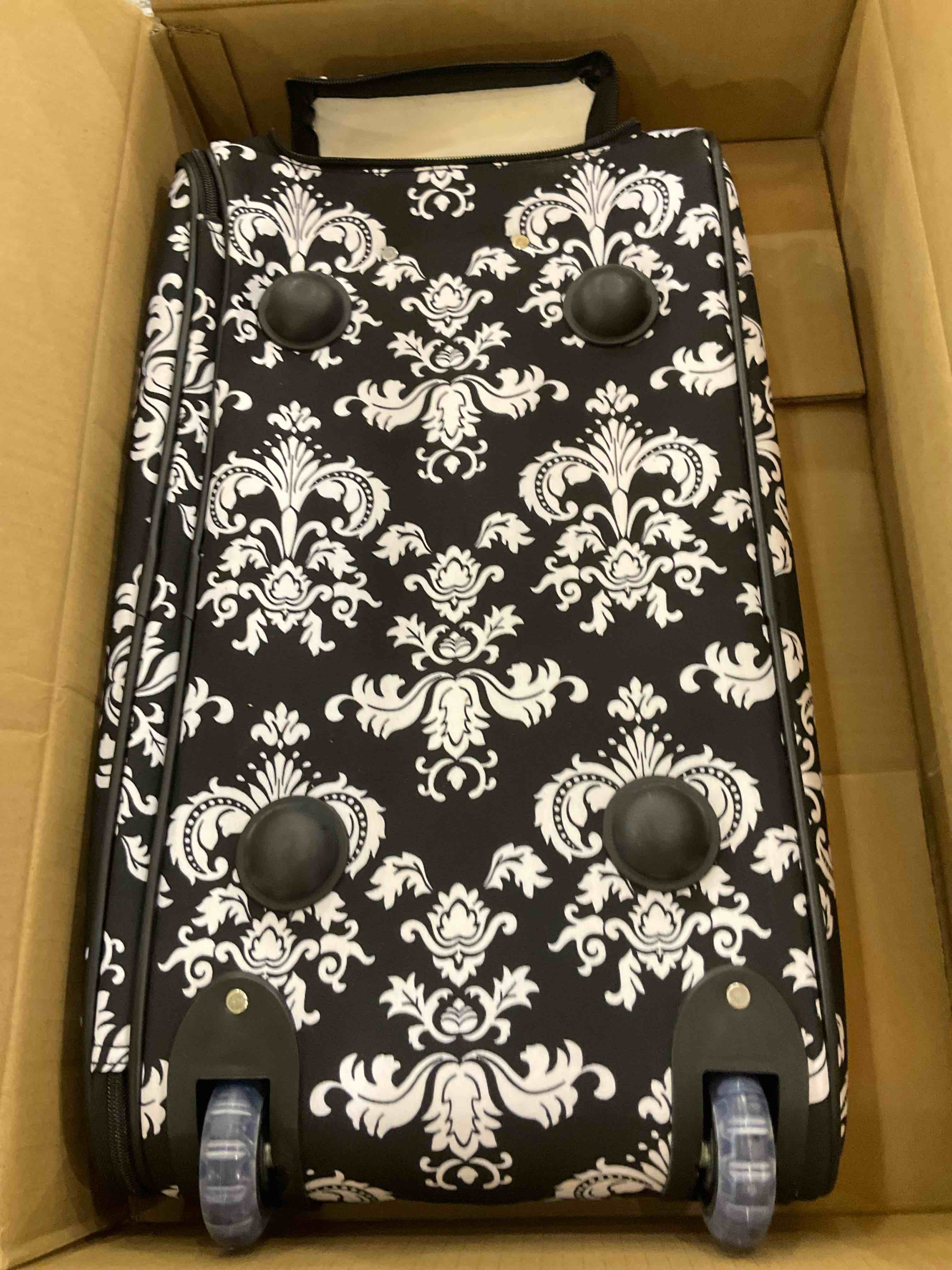 World Traveler 21-Inch Carry-On Rolling Duffel Bag, Black White Damask II