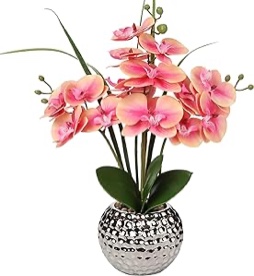 Briful Orchids Artificial Flowers, 20'' Purple Faux Orchid with Silver Vase Phalaenopsis Orchid Fake Orchid Fake Plant for Home Bathroom Table Living Room Office Kitchen Decor