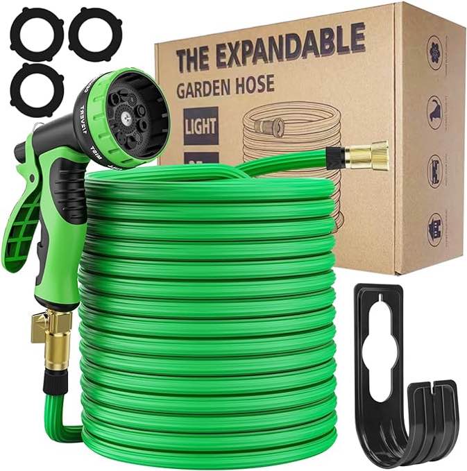 Expandable Garden Hose 100ft with 10-Function Nozzle, Nano Rubber latex High Elastic Leak-Proof Multi-Layer Hose Pipe with Holder, 3/4" Solid Brass Connectors Fittings, No-Kink Lightweight Flexible