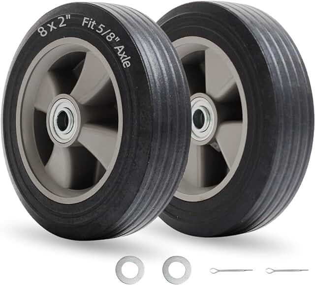 GICOOL 8" x 2" Flat-Free Solid Rubber Tire and Wheel with Ball Bearings and 5/8" Axle Bore Hole, 2" Offset Hub, For Hand Truck Dolly Trolley Garden Wagon Cart Generator Replacement Tire, 2 Pack