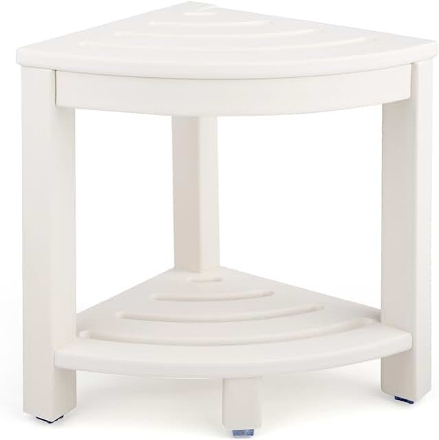 Corner Shower Stool with Storage Shelf,Waterproof Bamboo Corner Shower Seat for Bathroom,Sturdy and Non-Slip Shower Bench for Shaving Legs,Height Adjustable Metal Chair legs with Anti Slip Pad (Black)