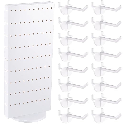 Rotating Display Stand Pegboard Display Rack 10.4'' W 23.6'' H Four Sided Peg Board Display Stands for Selling Vendor Craft Shows Pegboard Organizer Retail Counter Display with 54 Pcs Hooks (White)