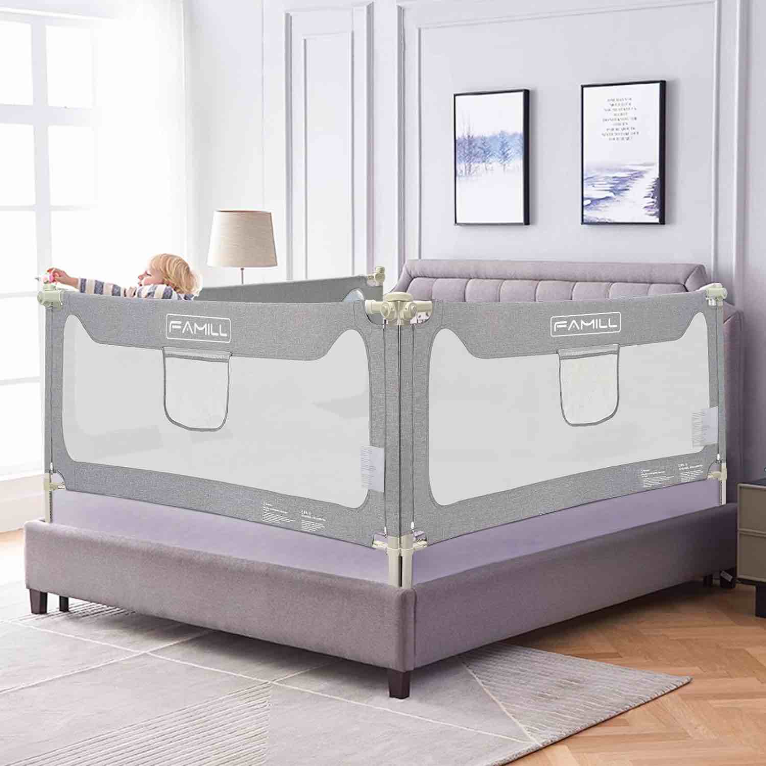 Famill Bed Rails for Toddlers,Toddler Rail?Baby Rail Guard?Kids' & Guards,Bed Guard Queen King Twin Kid, Full Size Extra Length 54"-78.7",(Grey,1 Piece, 74.8")
