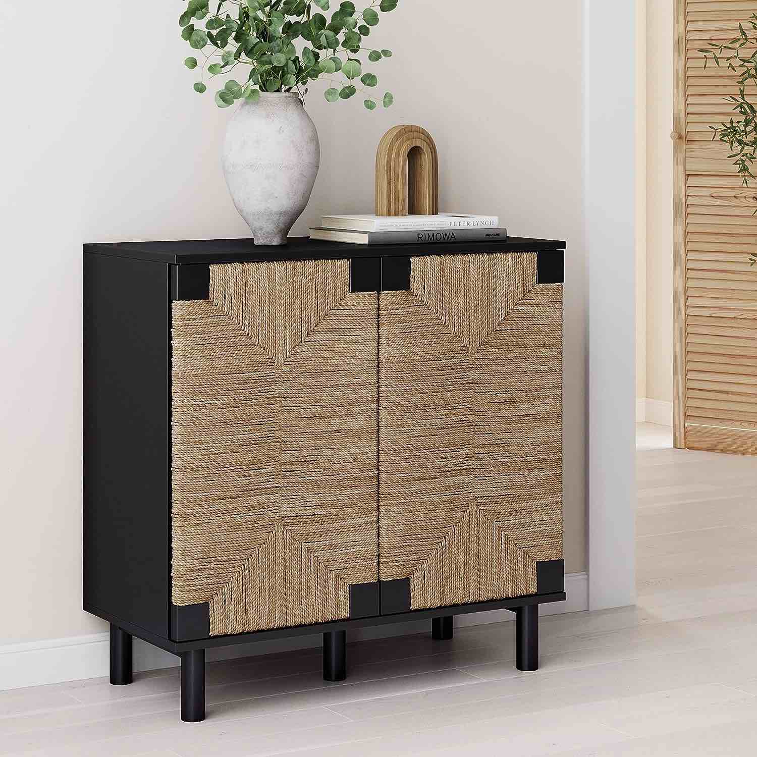Nathan James Accent Boho Modern Free Standing Buffet Sideboard Hallway, Entryway, Dining Living Room, 1 Storage Cabinet, Beacon - Black