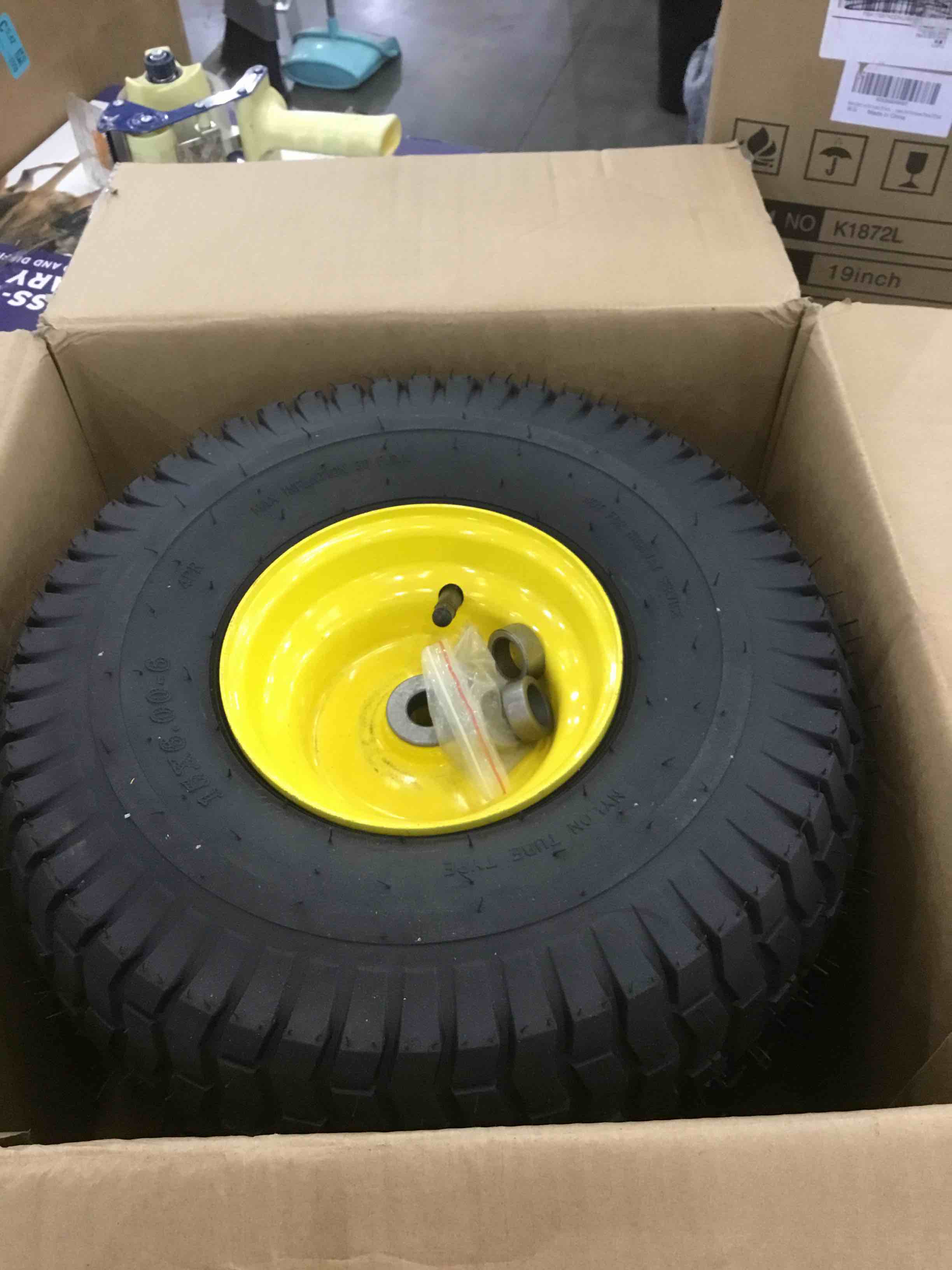 (2 Pack) 15 x 6.00-6 Front Tire and Wheel Set - 4-Ply Replacement Tires with Wheels Assemblies for John Deere Riding Mower - for Lawn Tractors with 3" Centered Hub and 3/4" Bushings, Yellow