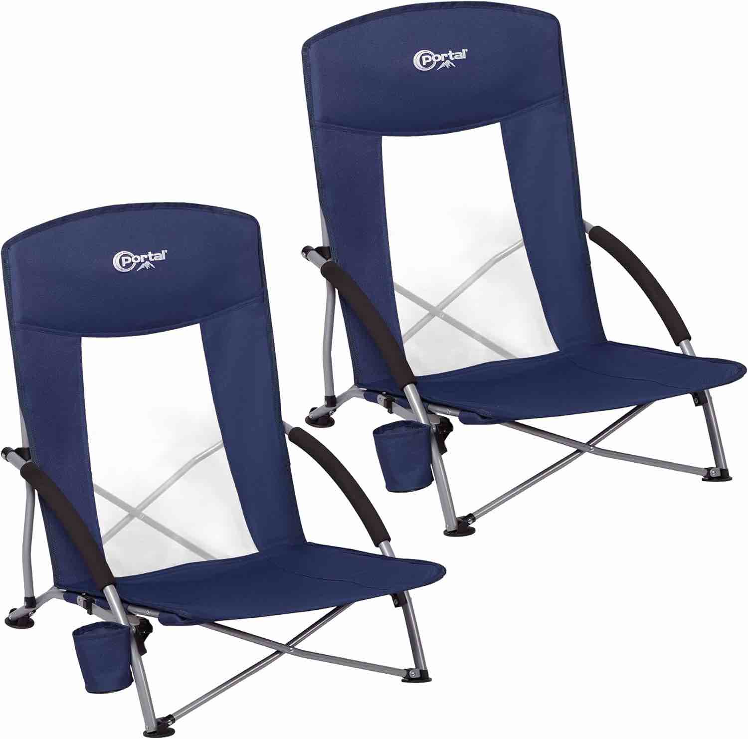 PORTAL Beach Chairs for Adults 2 Pack High Back Low Folding Camping Chair Portable Lightweight with Cup Holder for Travel, Concert, Lawn, Festival, Support 350lbs