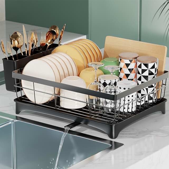LIONONLY Large Dish Drying Rack with Drainboard, 2 Tier Stainless Steel Drying Racks for Kitchen Counter,Detachable Dish Drainer Organizer Shelf with Utensil Holder Set (Black)