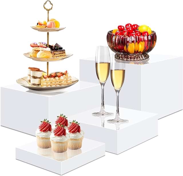 4 Pcs Acrylic Risers for Display White Risers Buffet Risers Dessert Display Stand Hollow Bottoms 4 Different Size Cube Acrylic Product Display Risers for Party Decor
