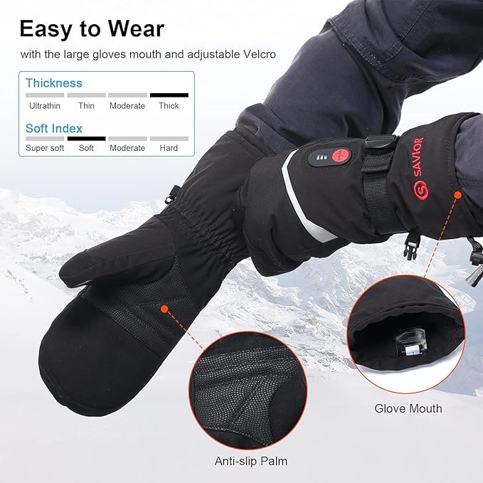 SAVIOR HEAT Heated Mittens Gloves for Men Women, Palm & Handback Heated Rechargeable Electric Ski Snow Mitts with 7.4V 2200mAh Battery for Winter Skating Camping Hunting Hiking Running
