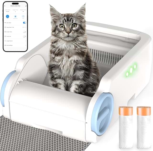 self cleaning cat litter box, open-top automatic litter box for multiple cats with app control, safety sensors protection, odor control includes 2 roll waste bin liners and 1 litter mat, white