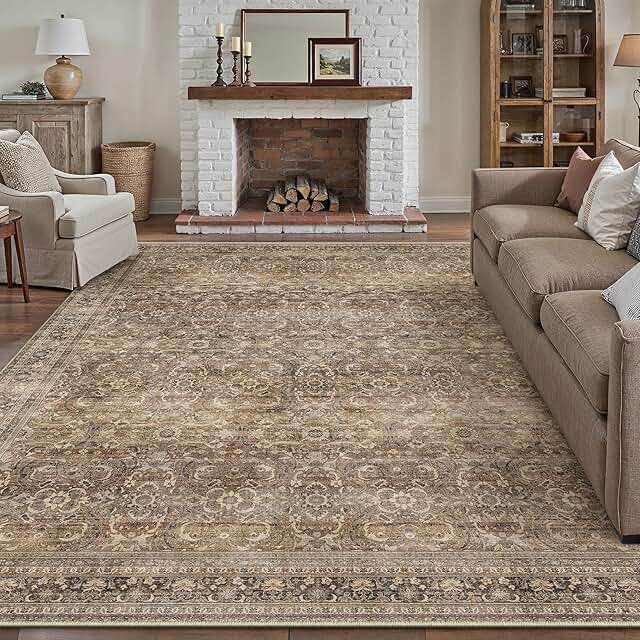 hugear area rug 8x10 retro brown machine washable living room rugs distressed vintage floral vacuumable low pile carpet bedroom office dining room laundry room non slip soft lightweight