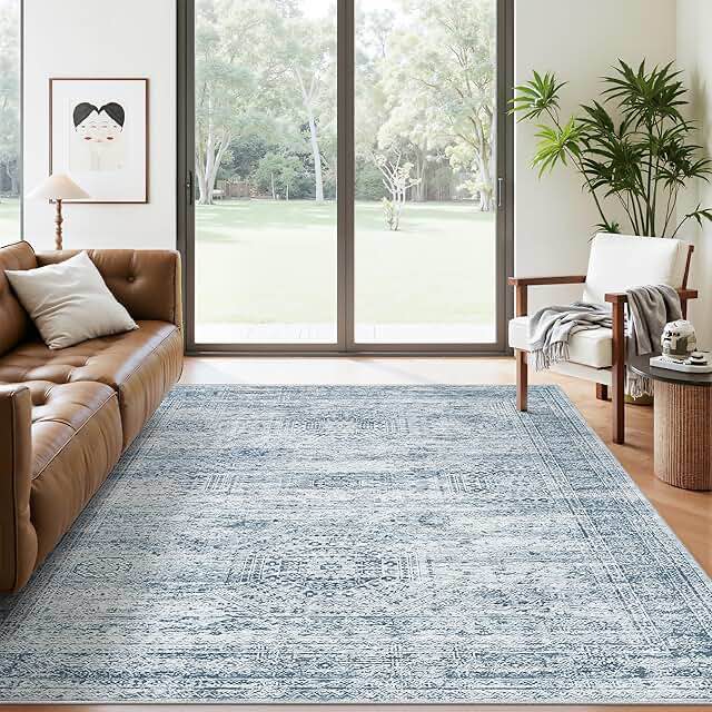 5x7 Area Rugs Blue Low Pile Indoor Washable Trendy Faded Style Rugs for Bedroom Living Room Dining Room Foldable Non-Slip Thin Print Mat