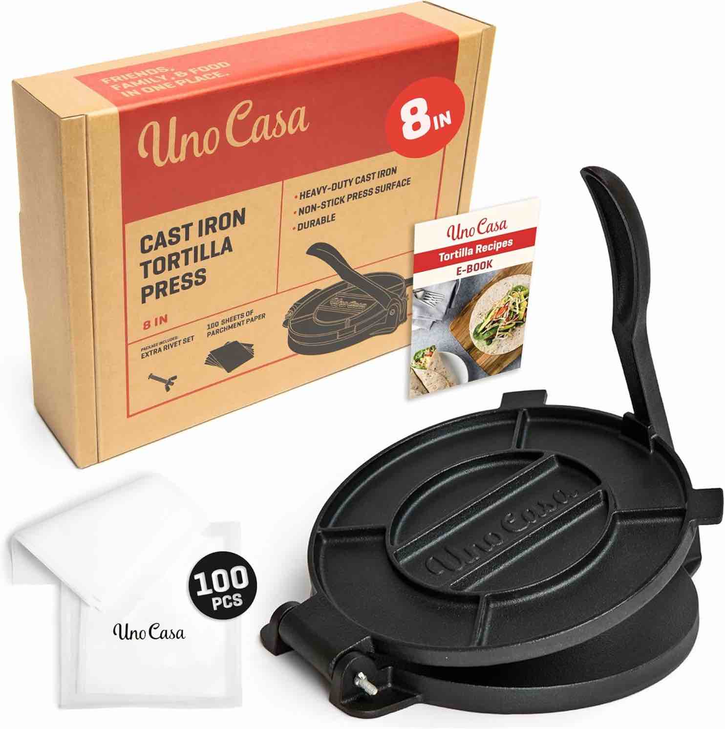 Uno Casa Cast Iron Tortilla Press 8 Inch - Tortilla Maker Press, Pre-Seasoned Roti Maker with 100 Pcs Parchment Paper, Heavy Duty Quesadilla Maker - Pataconera for Flour Tortilla, Tawa