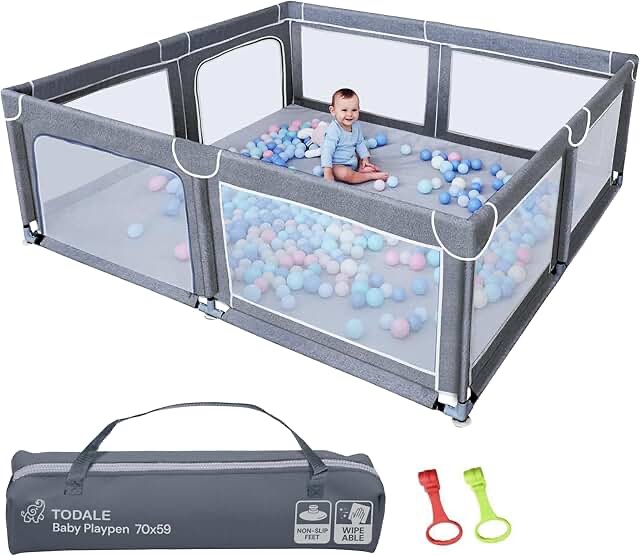 TODALE Baby Playpen 70”×59”- Play Yard with Tear-Resistant Material, Anti-Slip Suckers, Breathable Mesh, Gate - Kids Big Play Pens for Babies and Toddlers, for Sleep & Activity, Baby Fence, Grey