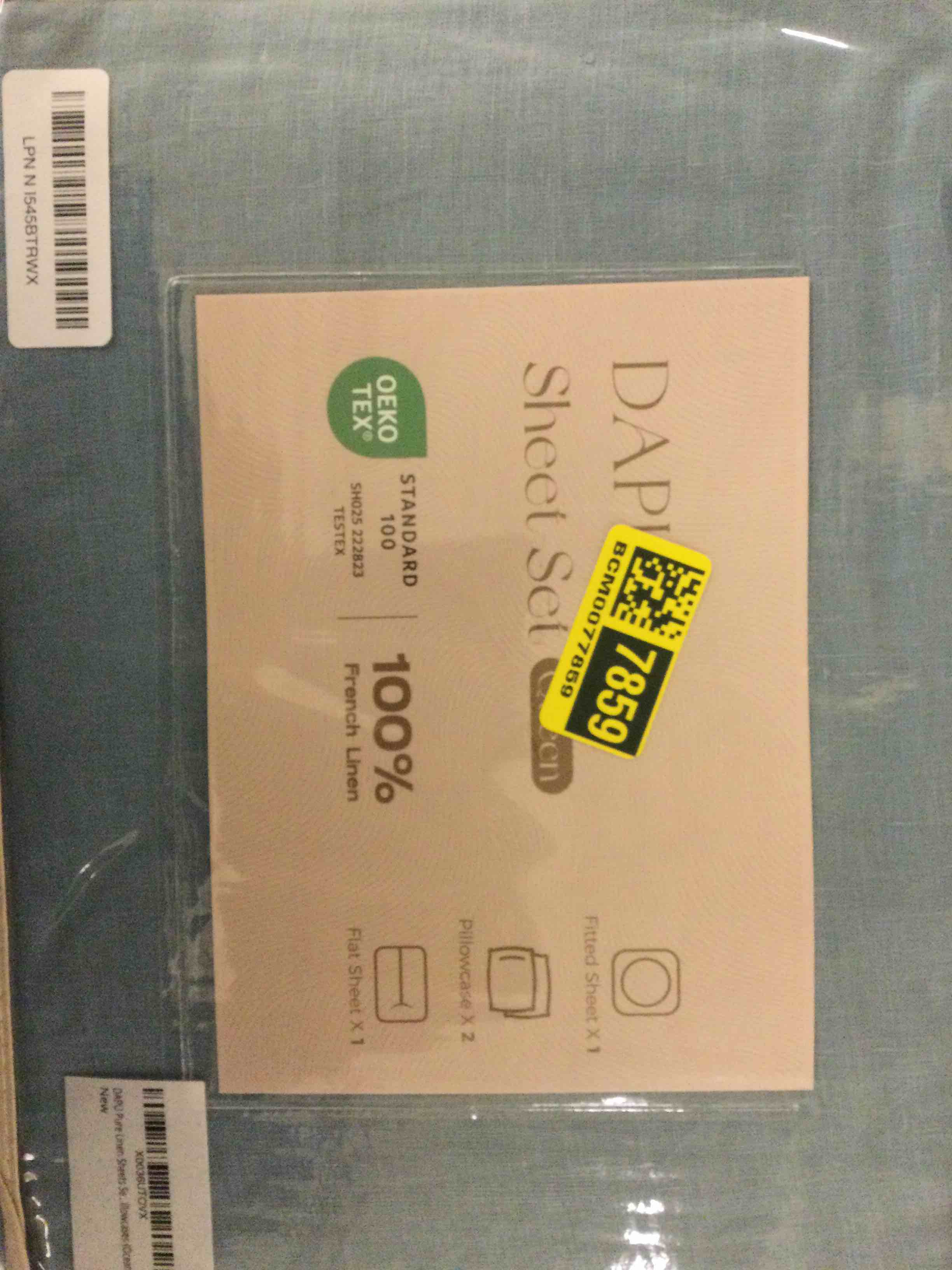 Condition photo showing New/Like New for DAPU Pure Linen Sheets Set, 100% French Linen from Normandy, Breathable and Durable for Hot Sleepers, 4 Pcs Set - 1 Flat Sheet, 1 Fitted Sheet, 2 Pillowcases (Ocean, Queen)