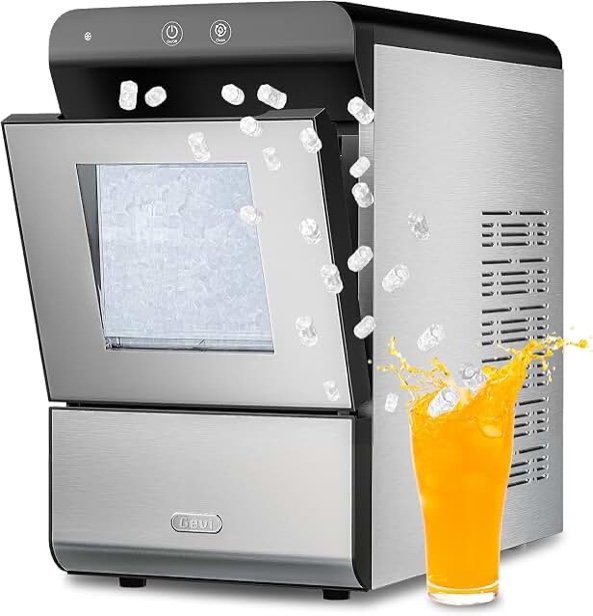 gevi v2.0 countertop gemi nugget ice maker | self-cleaning pellet ice machine | stainless steel housing |16.7''h fits perfectly under wall cabinet | silver with viewing window