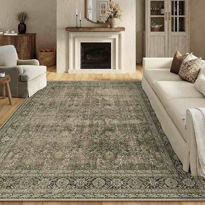 Vintage Area Rug 8x10 Brown Washable Living Room Bedroom Rug Indoor Carpet Tribal Distressed Rug Retro Accent Throw Rug for Office Dining Room Bathroom Faux Wool