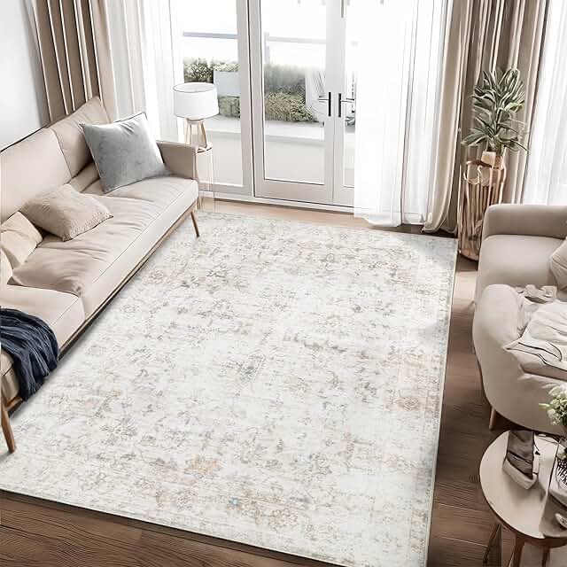 Light Brown Area Rug 8x10 Machine Washable Large Vintage Living Room Distressed Non Slip Carpet Traditional Indoor Bedroom Retro Floral Accent Throw Rug for Office Kitchen Dining Room
