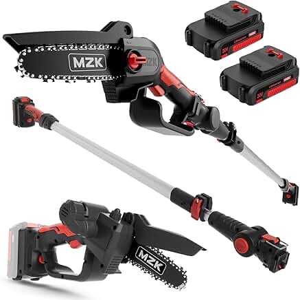 mzk 2-in-1 cordless pole saw & mini chainsaw with 3 replacement chain, 20v battery pole chainsaw, 4.5" cutting capacity, 13ft reach pole saw for tree trimming(2 batteries and fast charger included)