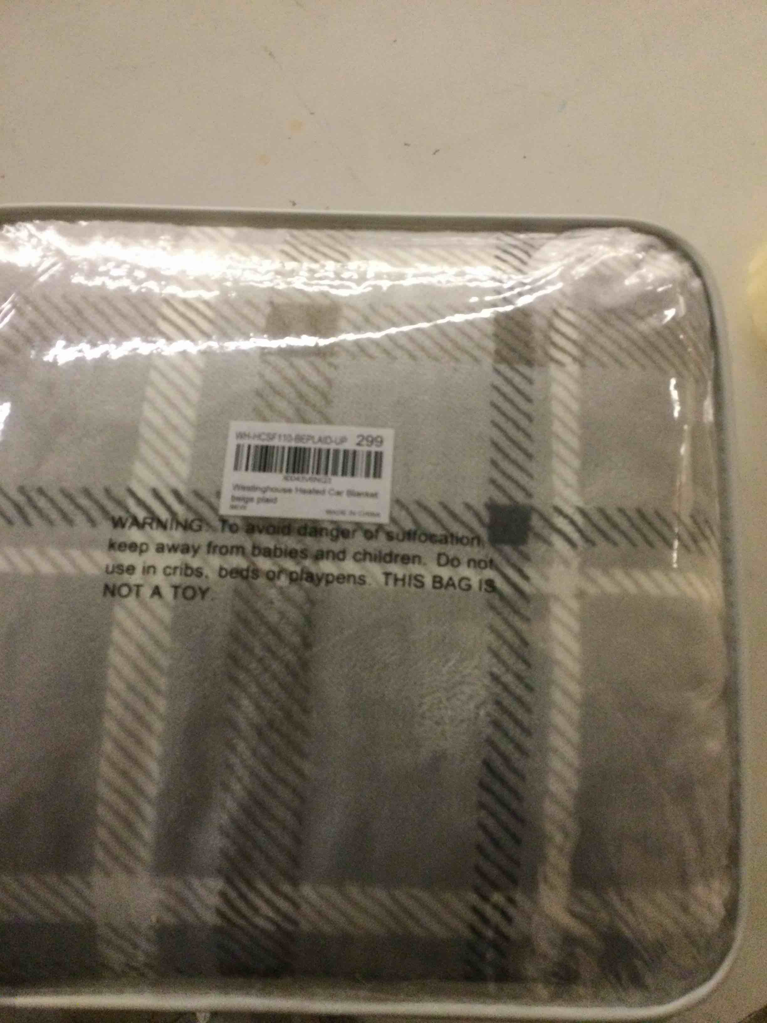 Condition photo showing New/Like New for Westinghouse Heated Car Blanket with 3 Heating Levels, 4 Hours Auto Off, 12 Volt Electric Blanket for Car, Truck, SUV, RV, Machine Washable, 59" x 43”, (Beige Buffalo Plaid)