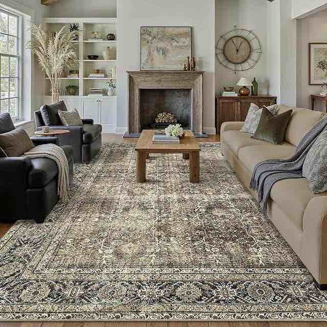 Vintage Area Rug 9x12 Brown Washable Living Room Large Carpet Non Slip Bedroom Indoor Office Low Pile Traditional Distressed Retro Accent Rug for Dining Room