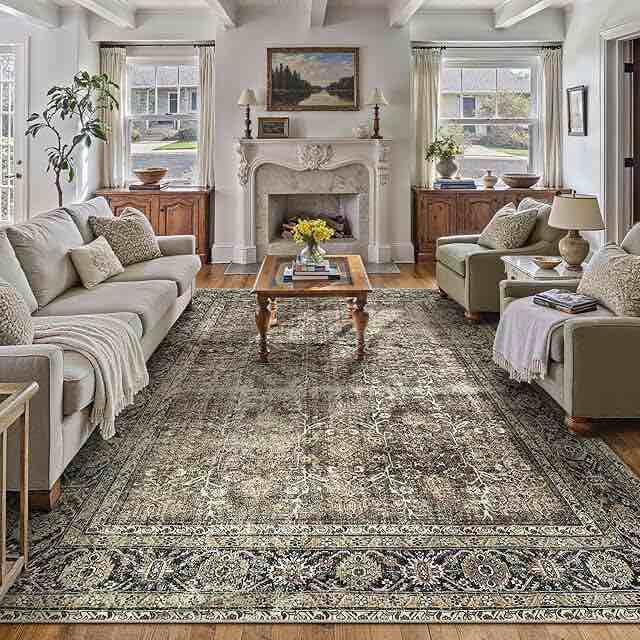 PureCozy Vintage Area Rug 10x12 Brown Washable Living Room Large Carpet Non Slip Bedroom Indoor Office Low Pile Traditional Distressed Retro Accent Rug for Dining Room