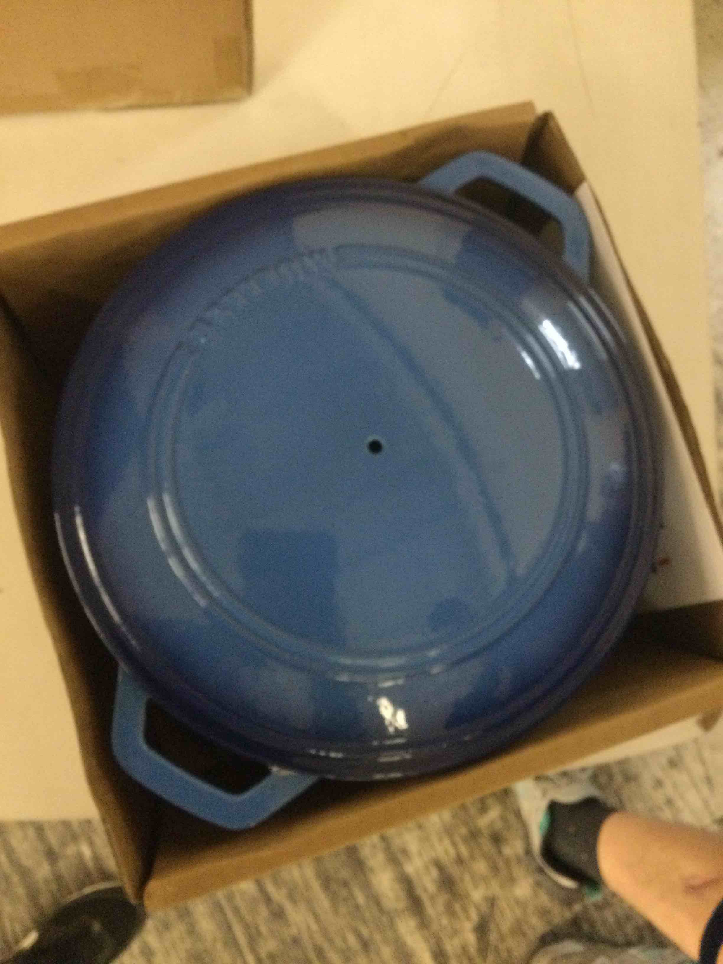 Condition photo showing New/Like New for Mueller 6qt Enameled Cast Iron Dutch Oven, Heavy-Duty Casserole and Braiser Pan with Lid and Knob, Oven-Safe up to 500° F & Across All Cooktops, Aqua Blue