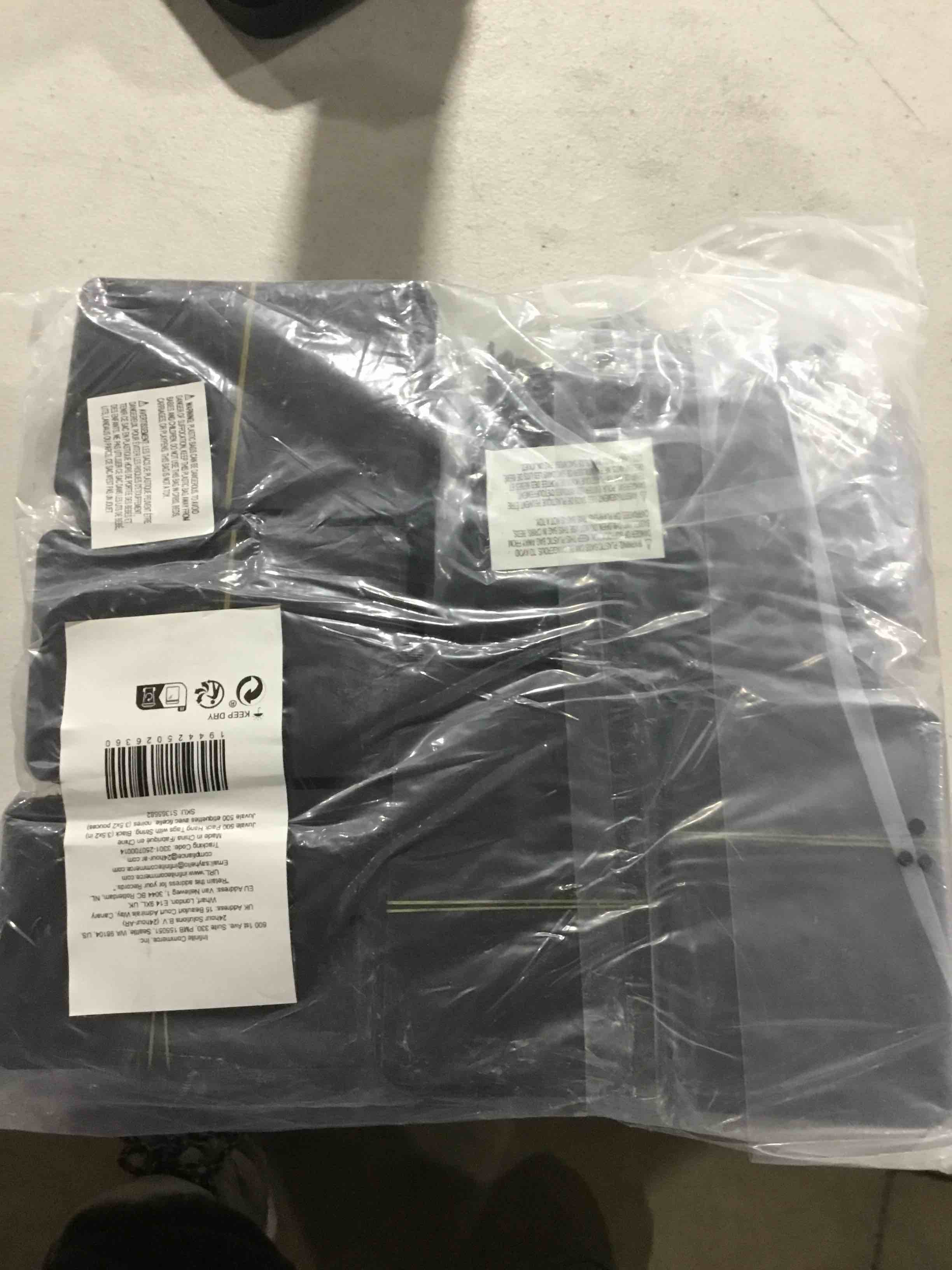 Condition photo showing item condition for 500 Pack Blank Hang Tags with String and Fasteners, 2 x 3.5 in Cardstock Paper Tags for Labeling, Pricing, and Gifting - Kraft  black Tag for Retail, Clothing, Gifts, and Craft Projects