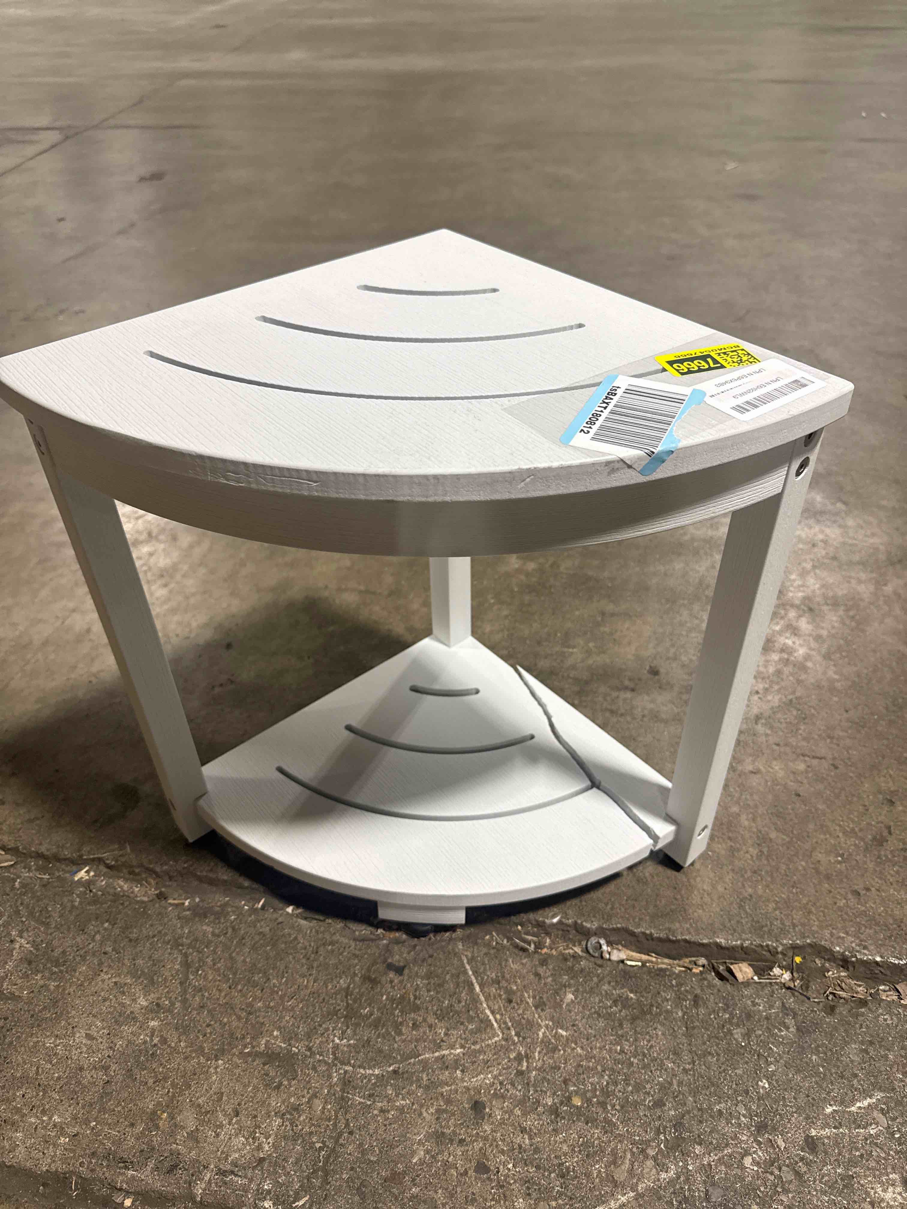 Condition photo showing As Is for waterproof corner shower stool for inside shower, poly lumber shower bench seat chair, bath shower stool for shaving legs foot rest with storage shelf, adjustable & non-slip feet, white white 3-legged ?storage+?
