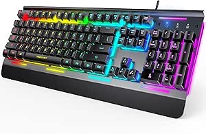 tecknet gaming keyboard, usb wired computer keyboard, 15-zone rgb illumination, ip32 water resistance, 25 anti-ghosting keys, all-metal panel (whisper quiet gaming switch)
