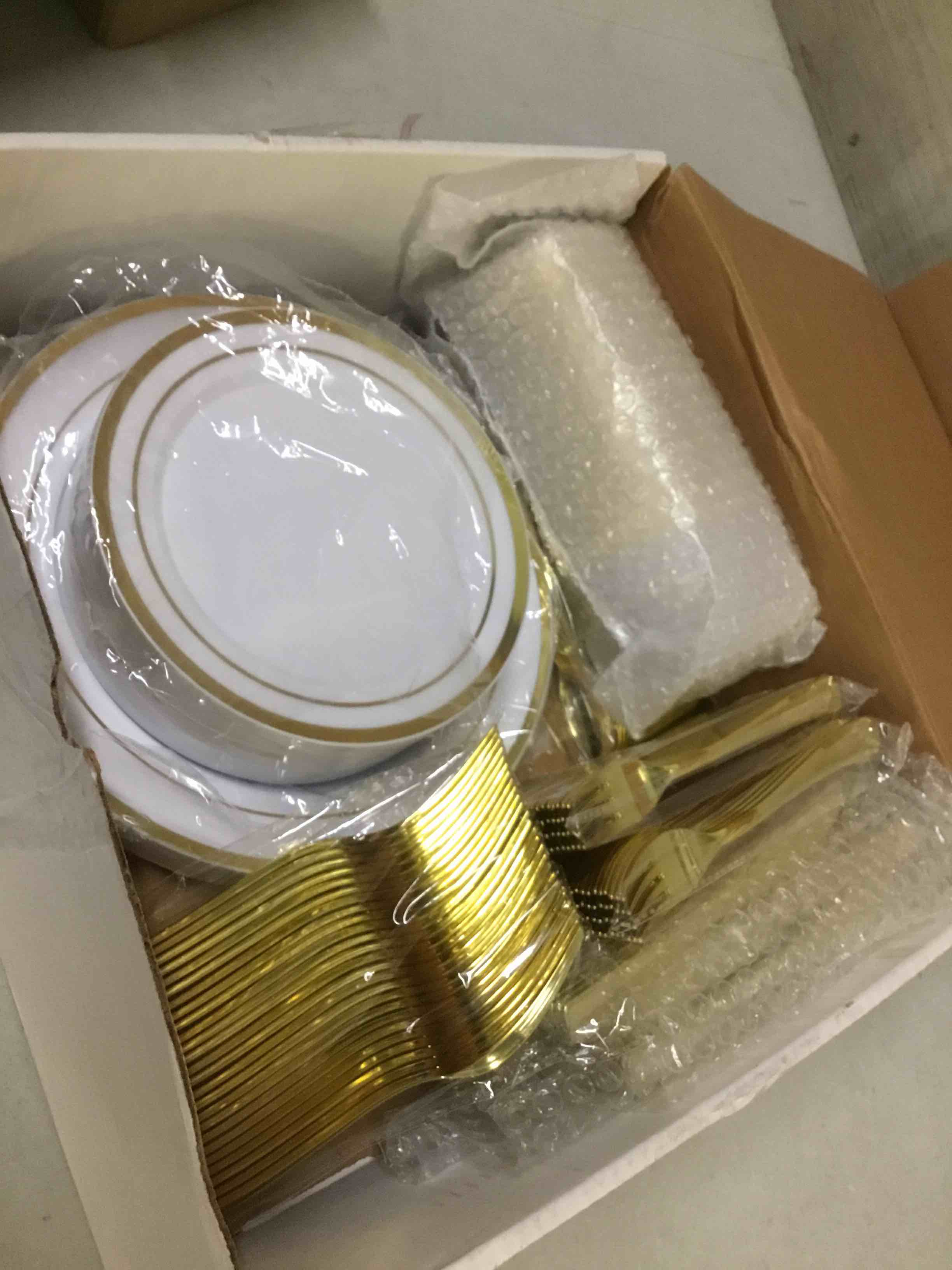 Condition photo showing As Is for bestvip 600pcs gold dinnerware set for 100 guests, plastic plates for party, 100 gold disposable plates, 100 dessert plates, 100 cups, 100 spoons, 100 forks and 100 knives gold 100 guests