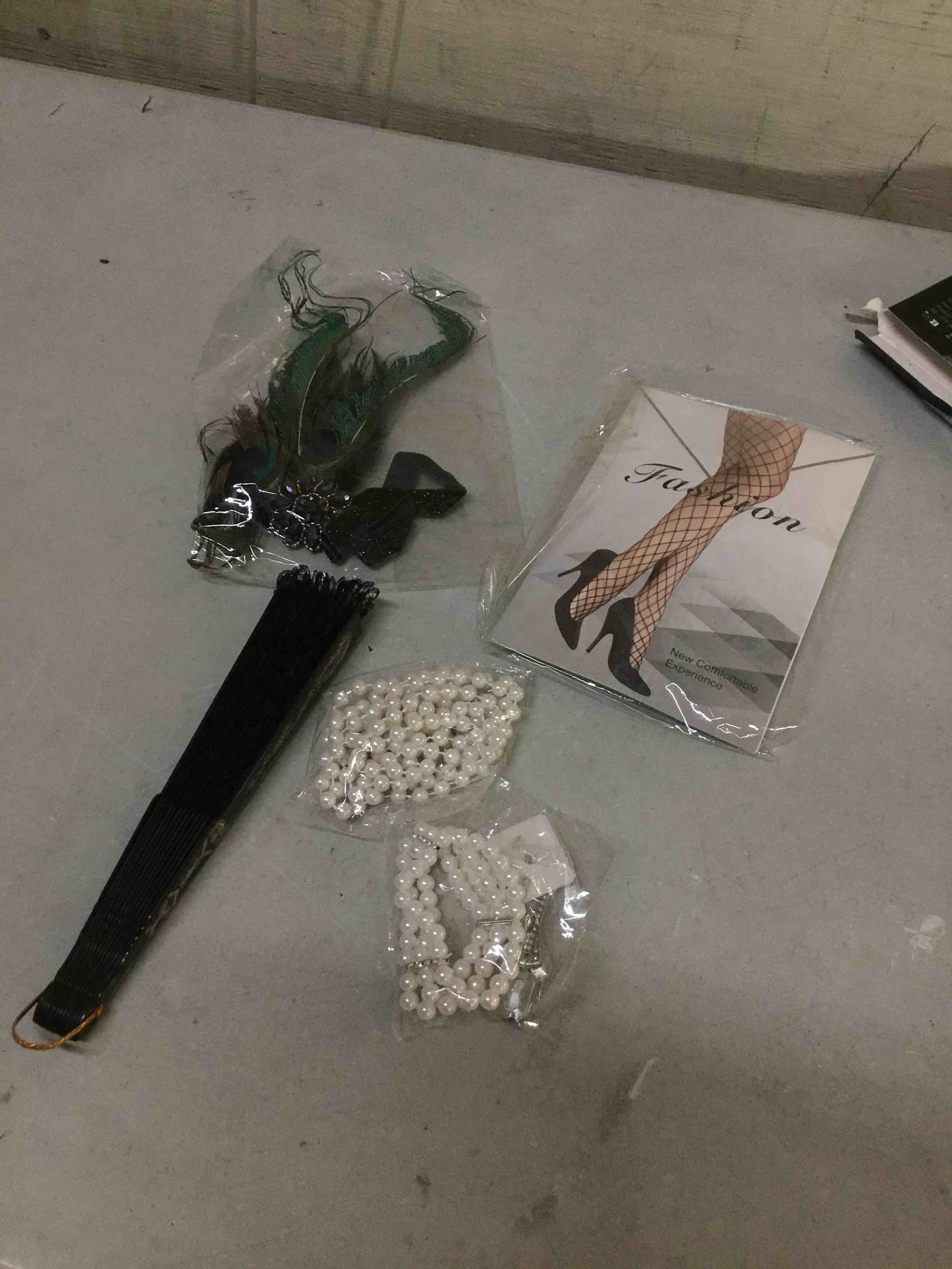 Condition photo showing As Is for ( incomplete missing dress ) villbecoser 1920s dresses for women, flapper dress lace fan feather headband sequins beads fringes 2