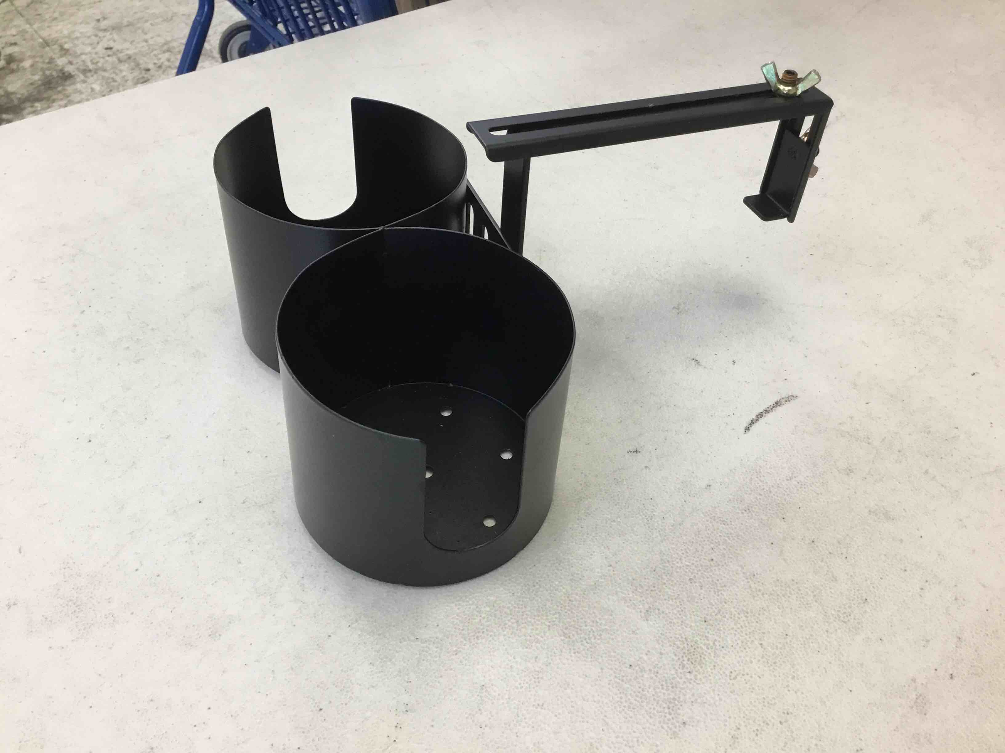Condition photo showing As Is for adjustable poolside cup holders for above ground pool,double pool drink holder metal poolside drink accessories for square top pools only,not compatible with round/oval top bar