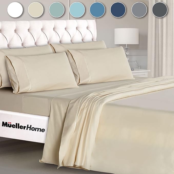 Mueller Luxury 4 Piece Twin Sheets Set - Ultra-Soft 1800 Series, Cooling & Breathable Twin Bed Sheets Sets, Hotel Quality Bedding, Deep Pocket up to 16" - Hypoallergenic, Wrinkle-Resistant, Cream