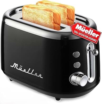 M‹ELLERHOME Retro Toaster 2 Slice, 7 Browning Levels, 3 Functions (Reheat, Defrost, Cancel), Stainless Steel Features, Removable Crumb Tray, Under Base Cord Storage, Black