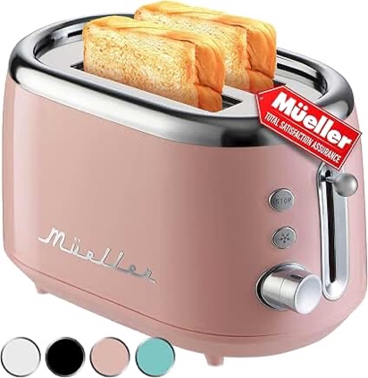 M‹ELLERHOME Retro Toaster 2 Slice, 7 Browning Levels, 3 Functions (Reheat, Defrost, Cancel), Removable Crumb Tray, Under Base Cord Storage, Pink Kitchen Accessories DÈcor