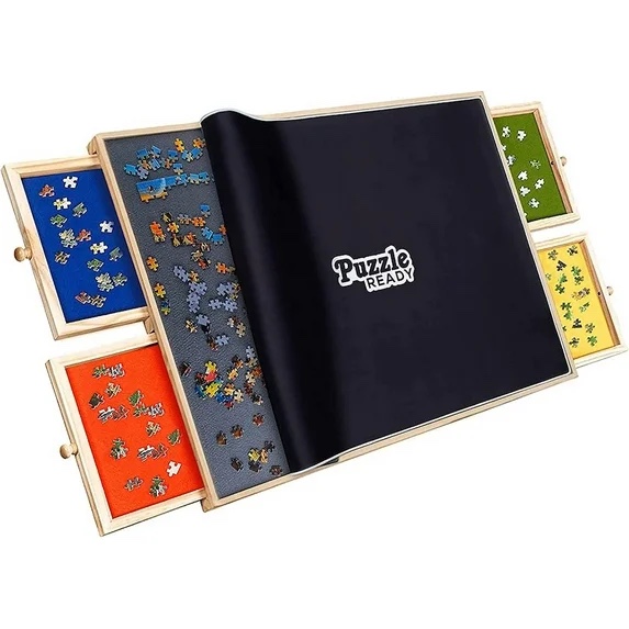 Puzzle Ready Puzzle Board with Drawers & Cover - 1000 Pieces Wooden Jigsaw Puzzle Table Mat with Lazy Susan Spinning Cover & Colorful Sorting Trays for Family - 24"x 30"
