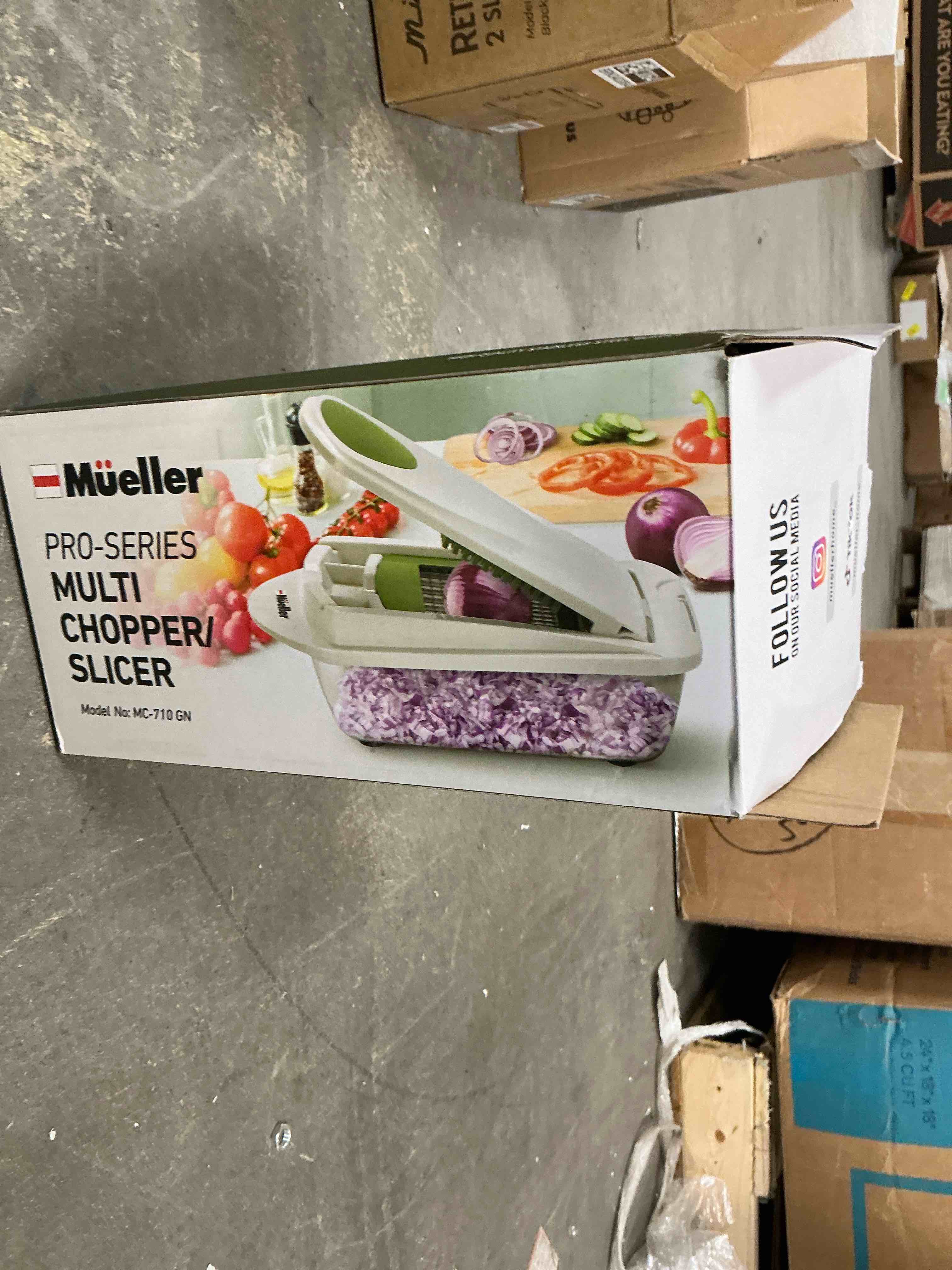 Mueller Pro-Series 10-in-1, 8 Blade Vegetable Chopper, Onion Mincer, Cutter, Dicer, Egg Slicer with Container, French Fry Cutter Potato Slicer, Home Essentials, Salad Chopper White Sand/Green