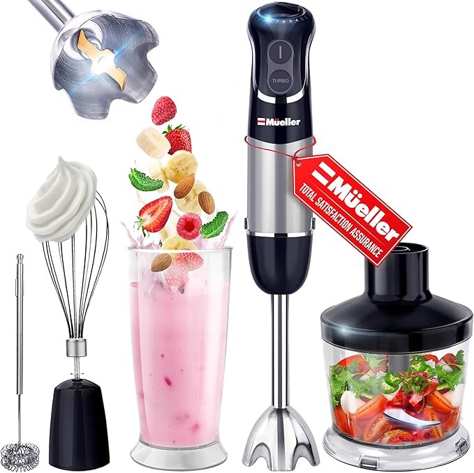 Mueller Multistick 5-in-1 Immersion Blender Handheld, 12 Speed Hand Mixer - Turbo Boost, Heaviest Duty Copper Motor, Titanium Blades Hand Blender, Milk Frother Wand, Whisk, Beaker, Chopper, Grey