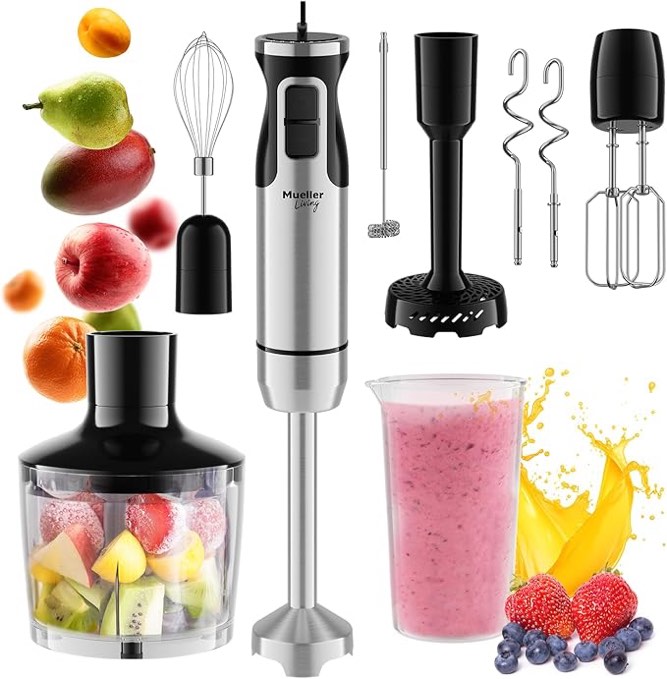 Mueller Multistick 5-in-1 Immersion Blender Handheld, 12 Speed Hand Mixer - Turbo Boost, Heaviest Duty Copper Motor, Titanium Blades Hand Blender, Milk Frother Wand, Whisk, Beaker, Chopper, Grey