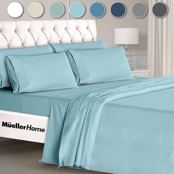 Mueller UltraTemp 6 PC Queen Sheet Set - Ultra-Soft Luxury Series, Cooling & Breathable Hotel Luxury Bed Sheets, Deep Pocket Wrinkle-Free Oeko-TEX, Light Teal