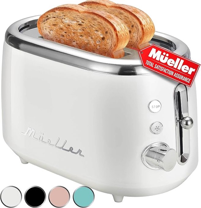 M‹ELLERHOME Retro Toaster 2 Slice, 7 Browning Levels, 3 Functions (Reheat, Defrost, Cancel), Stainless Steel Features, Removable Crumb Tray, Under Base Cord Storage, White Toaster Kitchen Appliances
