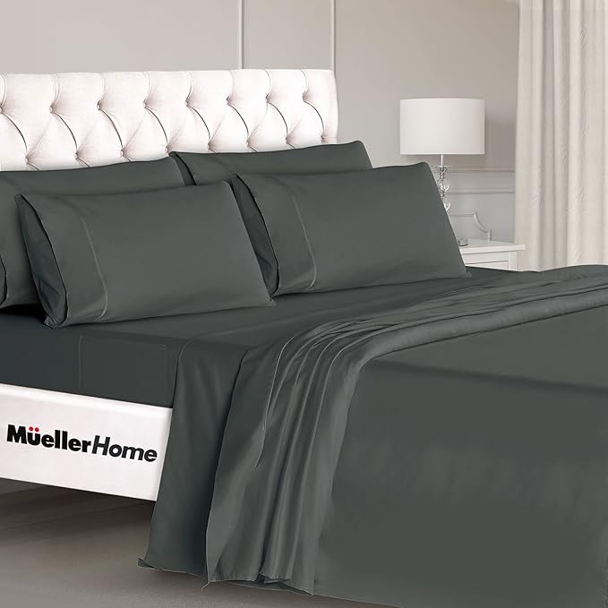 Mueller Ultratemp King Size Sheets Set, Super Soft 1800, 6 Piece, Deep Pocket up to 16" Cooling Sheets King Size, Transfers Heat, Breathes Better, Hypoallergenic, Wrinkle, Light Grey