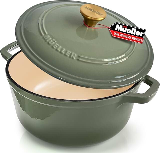 M‹ELLERHOME 6 Quart Enameled Cast Iron Dutch Oven For Sourdough Bread Baking, Heavy-Duty, Oven-Safe up to 500? F & Across All Cooktops, Casserole Dishes, Green Kitchen Accessories, Thyme Green