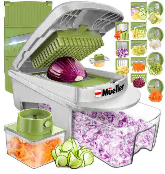 Mueller Pro-Series All-in-One, 12 Blade Mandoline Slicer for Kitchen, Food Chopper, Cucumber Slicer and Spiralizer, Cutter, Dicer, Grater, Gifts for Mom, Kitchen Essentials, White Sand/Green